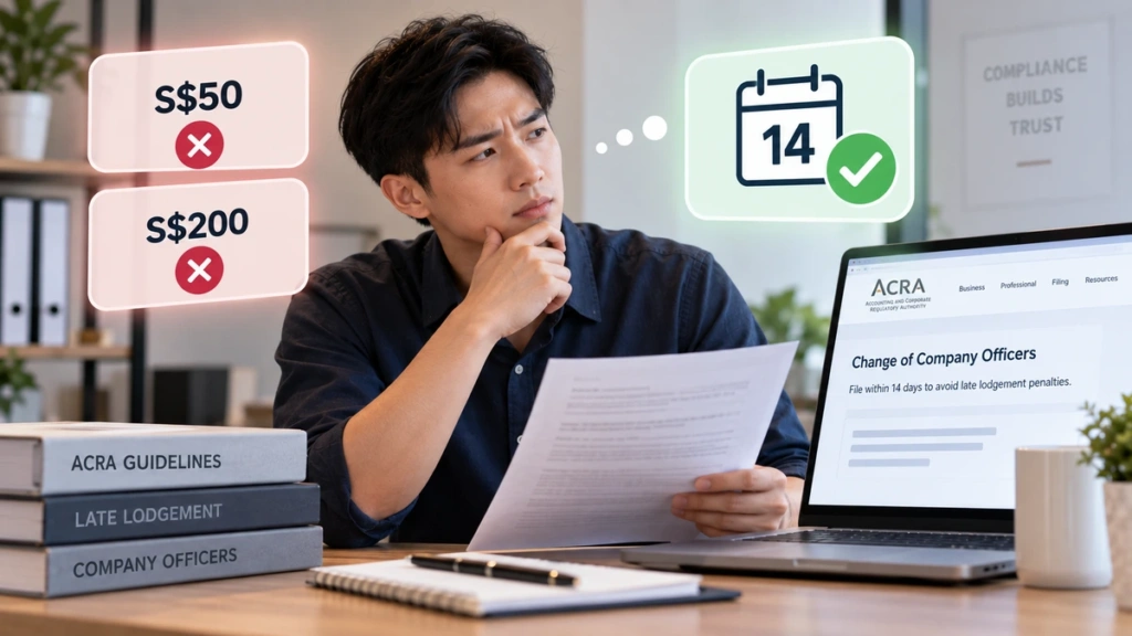 Late lodgement penalties for change of company officers Man weighing the $50 and $200 penalty figures against an ACRA page on filing changes of company officers within 14 days