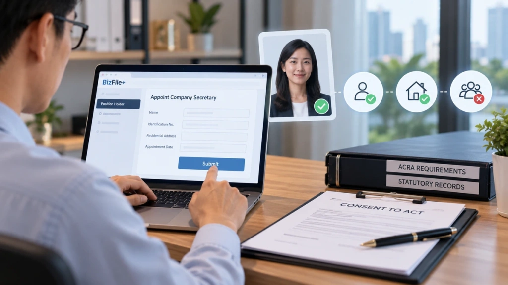 Appointing a company secretary on BizFile+ Man filling in the Appoint Company Secretary form on BizFile+ with a consent to act document and an ACRA requirements binder beside him